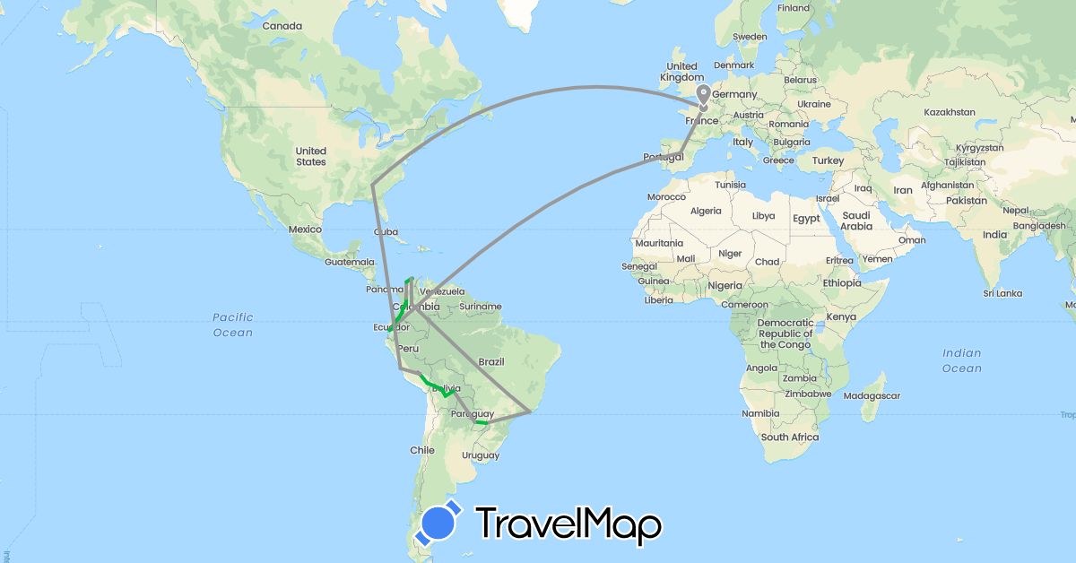 TravelMap itinerary: bus, plane, train in Argentina, Bolivia, Brazil, Colombia, Ecuador, Spain, France, Peru, Paraguay, United States (Europe, North America, South America)